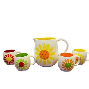 Vintage 5 piece hand painted Pacific Rim ceramic pottery pitcher mug set